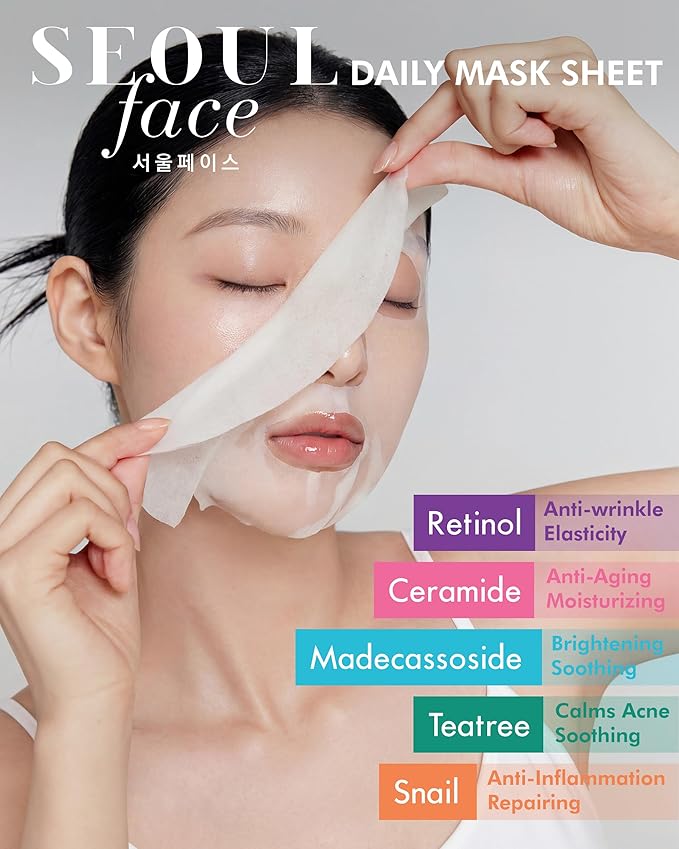 DERMAL Seoul Face Snail Mucin 5-Min Quick Sheet Mask 36 Count Bulk, Korean Morning Pull-Out Dispenser with Tweezers, Red Ginseng Green Tea Antioxidant Face Mask for Skin Renewal, Vegan Tencel