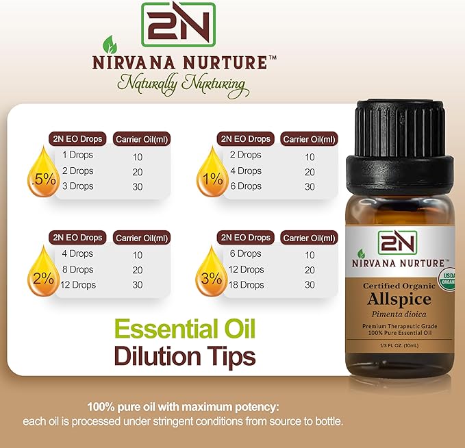 Allspice Essential Oil, USDA Certified Organic, 100% Pure Undiluted, Aromatherapy Oil for Diffuser, Hair & Skin Care