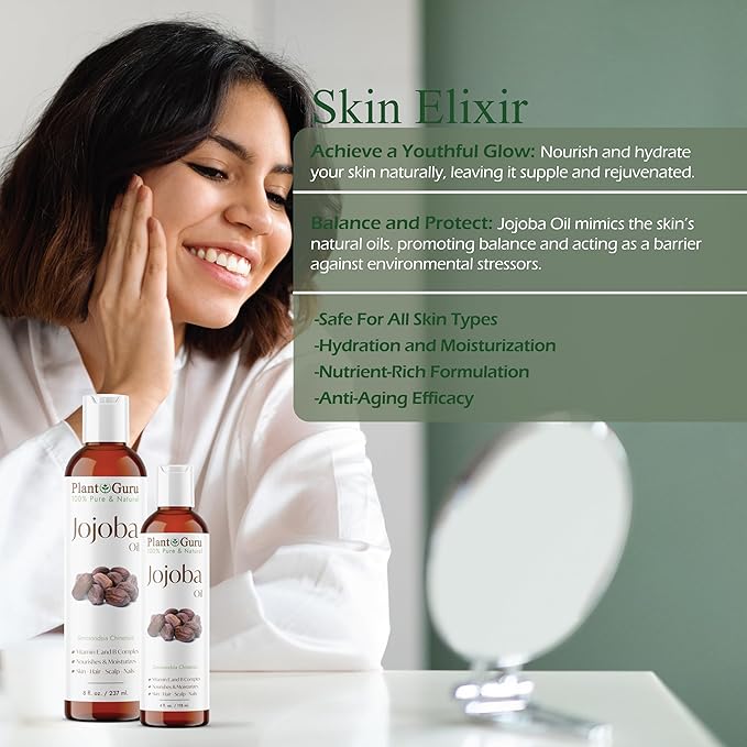 Plant Guru Jojoba Oil 8 fl. oz. Cold Pressed Unrefined - 100% Pure Natural Moisturizer For Skin, Body, Face And Hair Growth. Deeply Hydrating Carrier Oil For DIY Soap Making and Massage