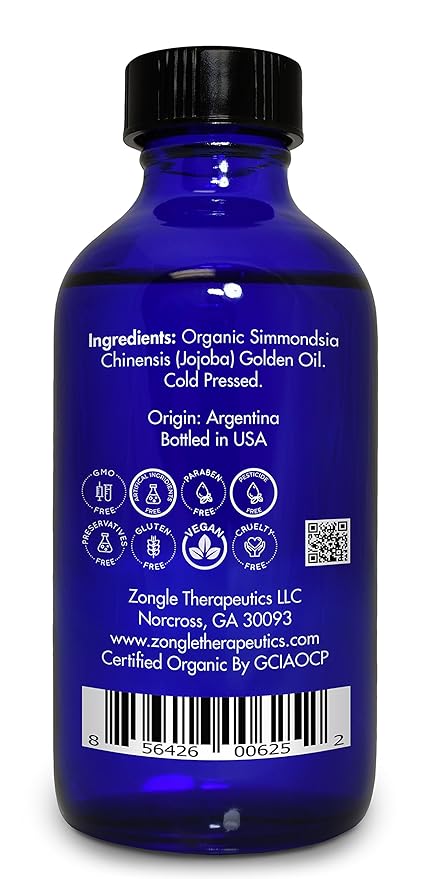 Organic, Jojoba Oil, for Skin, Hair, Face, Nails – 100% Pure, Jojoba Oil, Cold Pressed, Unrefined, by Zongle Therapeutics, 4 OZ