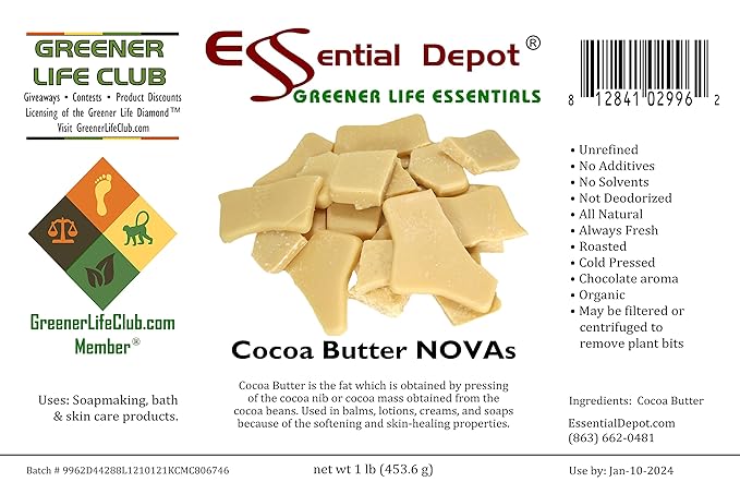 Essential Depot COCOA BUTTER CHIPS & CHUNKS - Unrefined - Organic - 1 lb - NO: Additives, Preservatives, Colorants, or Deodorizers - Unrefined - Safety Sealed HDPE Container with Screw Top Lid