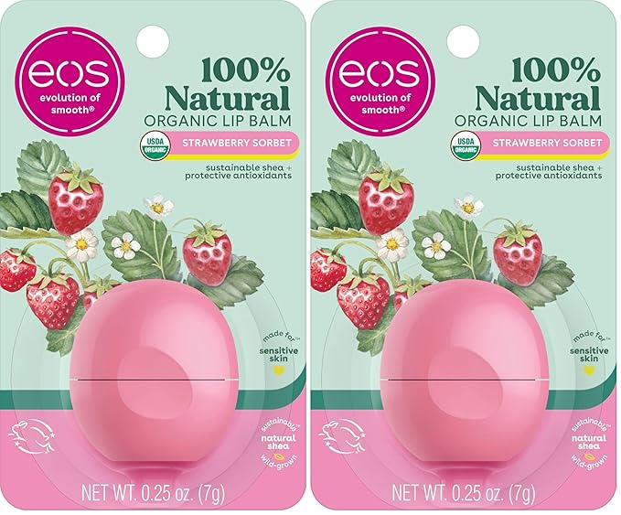 eos 100% Natural & Organic Lip Balm- Strawberry Sorbet, All-Day Moisture, Dermatologist Recommended for Sensitive Skin, Lip Care Products, 0.25 oz (Pack of 2)