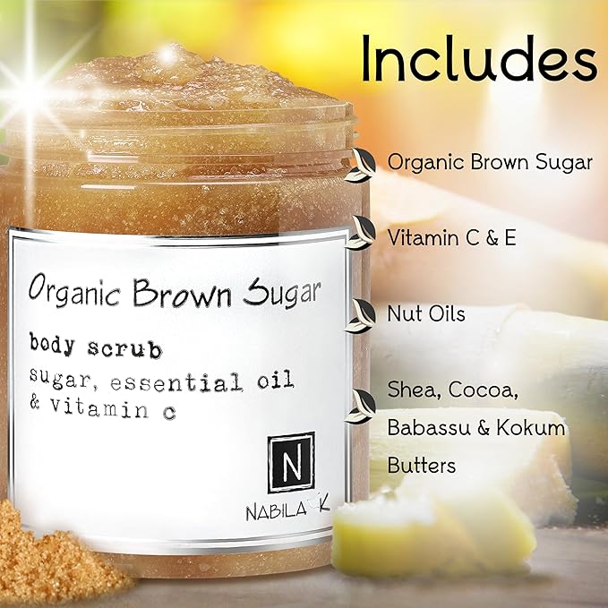 Organic Brown Sugar Body Scrub Made in USA with Essential Oil and Vitamin C by Nabila K - Exfoliate and Moisturize for Smooth Skin - Luxury for Women & Men, 10 oz
