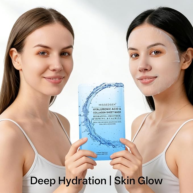 Collagen Face Mask with Hyaluronic Acid, Vitamin E Oil for Skin Care Hydrating, Moisturizing, Brightening & Anti Aging Face Masks Skincare for Oil, Dry, Acne, Sensitive All Skin Types 12PCS