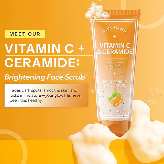 Vitamin C & Ceramide Face Scrub - Dermatologist Tested, Anti Aging Korean Skin Care - Exfoliating Cleanser For Smooth Radiant-Looking Skin - Vegan, Clean Beauty - 6.76 Fl Oz