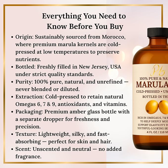 Pomberries Marula Oil for Face, 100% Pure Cold-Pressed Unrefined, Moisturizing Skin & Hair Oil, Lightweight Non-Greasy Hydrating Face Oil- 4 fl oz Glass Bottle