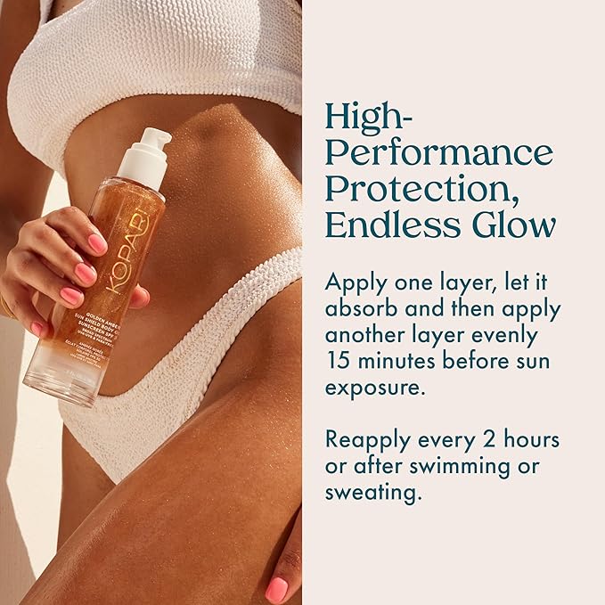 Kopari Sun Shield Body Glow, Broad Spectrum SPF 30, Lightweight Shimmering Gel Texture Absorbs Quickly, Non Sticky, Glowing Results, Golden Amber 5 oz