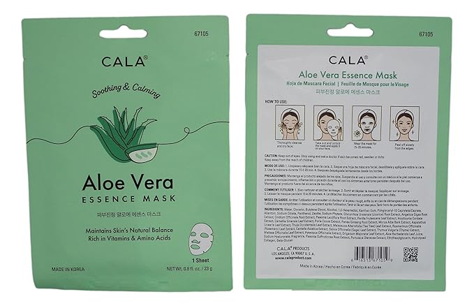Cala Aloe Vera Essence Facial Sheet Masks (5 Pack) - Ultra-Thin Face Mask Sheets with Plant Extracts + Amino Acids, Hydrating & Soothing, For Dry/Dull Skin, No Rinse
