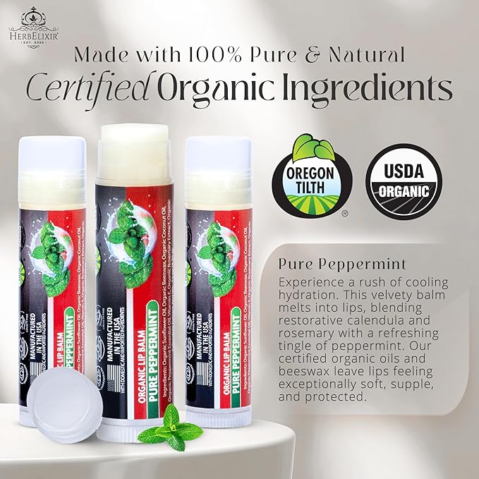 Organic Lip Balm Chapstick Bulk 3 Pack – Peppermint – Natural Beeswax Lip Balm – Moisturizer for Very Dry, Chapped Lips
