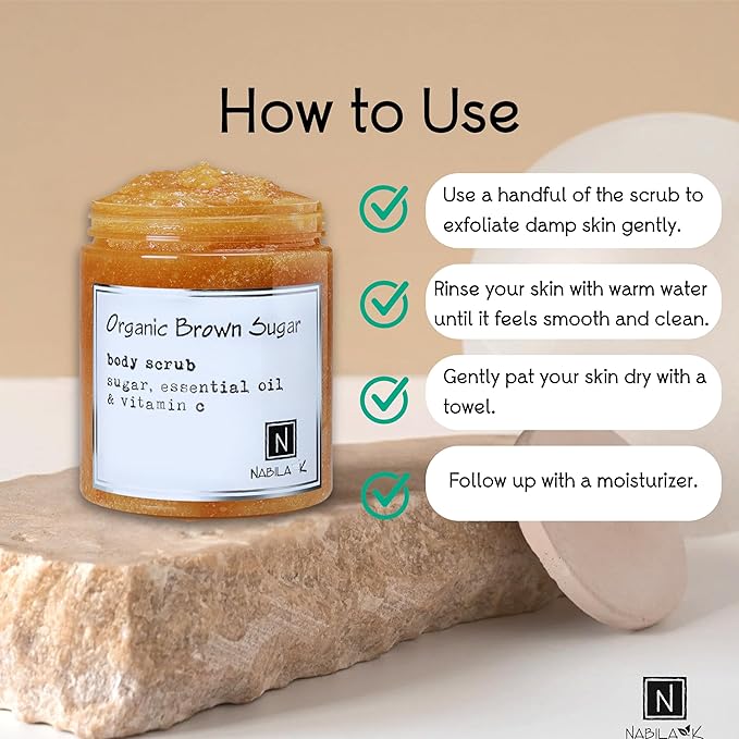Organic Brown Sugar Body Scrub Made in USA with Essential Oil and Vitamin C by Nabila K - Exfoliate and Moisturize for Smooth Skin - Luxury for Women & Men, 10 oz