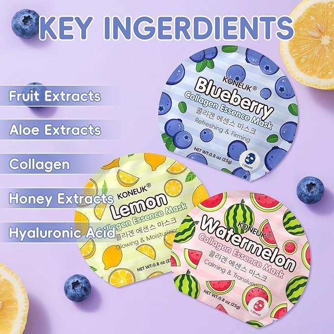 KONEUK 36 Pack Colorful Fruit Face Mask Set, Hydrating & Moisturizing, Bulk Sheet Facial Mask for All Skin Types, Collagen Face Masks Skincare for Women, Mothers Day Gifts and Spa Party Gifts