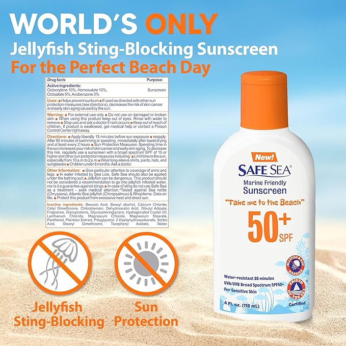 Safe Sea Jellyfish Sting-Blocking Sunscreen, SPF 50+ Lotion 4oz, Waterproof, Biodegradable, Coral Reef-Safe – Body and Face Sunscreen, Anti-Jellyfish and Sea-Lice sting protection. 4 FL Oz (Pack of 3)