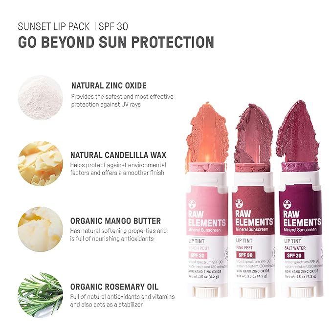 Raw Elements Tinted Lip Beach Pout, Pink Feet, Salt Water SPF 30 .15 oz Sunset Pack