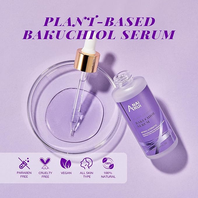 ANAI RUI Bakuchiol Face Serum, Bakuchiol Retinol Alternative Serum,Smoothing Face Serum with Hyaluronic Acid & Peptide Sensitive Skin Serum, Anti Aging, Smoothing & Wrinkle Serum, 1.69Fl.Oz 50ML