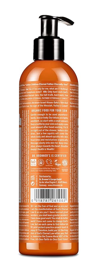 Dr Bronner's 3-in-1 Orange & Lavender Organic Hand and Body Lotion, Made with Organic Oils, Used for Hands, Face and Body, Certified Fair Trade & Vegan Friendly, 236ml Recycled Bottle