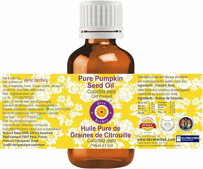 dève herbes Pumpkin Seed Oil (Cucurbita pepo) | Cold Pressed | Pure | Natural | Undiluted | For Diluting Essential oils | For Hair, Skin & Massage | Non-Sticky| Lightweight| Unisex | 100ml (3.38 oz)