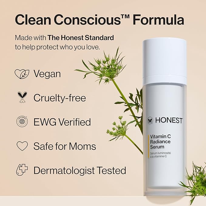 Honest Beauty Mini Vitamin C Radiance Serum, Improves Brightens Skin Tone and Complexion, Gentle for Sensitive Skin, Fragrance-Free, Vegan, Travel Size, .33 fl oz