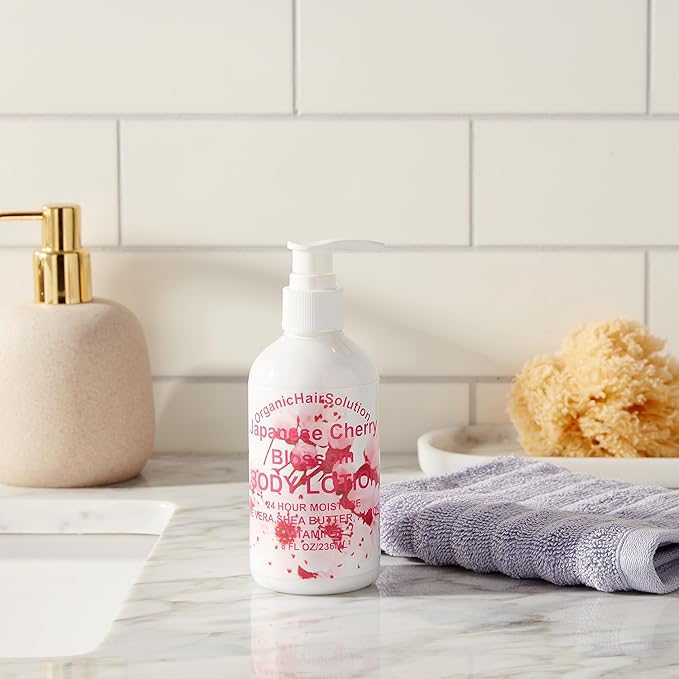 Organic Hair Solution-Body Lotion-with Soothing Aloe Vera and Vitamin E- Dry Skin, Non-Greasy-Shea Butter, Almond oil- For both Males & Females- Natural Fragrance-Vegan (Japanese Cherry Blossom)