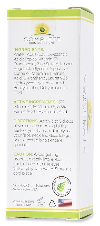 Natural Vitamin C E Serum with Ferulic and Hyaluronic Acid 1 oz