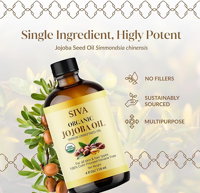 Siva Jojoba Organic Oil 4oz (118ml) Premium Cold-Pressed 100% Natural Organic Carrier Oil with Dropper for Face, Skin Care, Body Massage, Hair Care, Hair Oiling & Scalp Massage