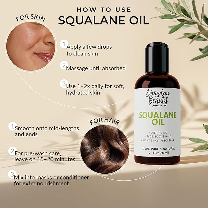 Squalane Oil - 100% Pure & Natural Plant Derived Facial Oil 2 Fl Oz - Cold Pressed and Unrefined Premium Grade Multipurpose Moisturizing Oil for Skin and Hair (Pack of 2)