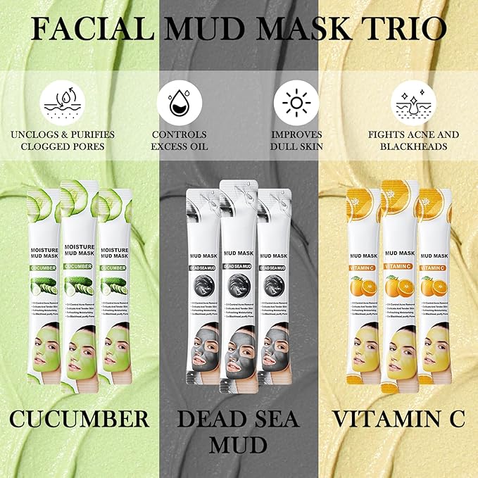 30PCS Clay Mask for Face,Vitamin C,Dead Sea Mud,Cucumber Mud Mask Set,Deep Cleansing Blackhead Remover Facial Skin Care Set,Moisturizing Face Masks for Women,Face Masks Gift Set