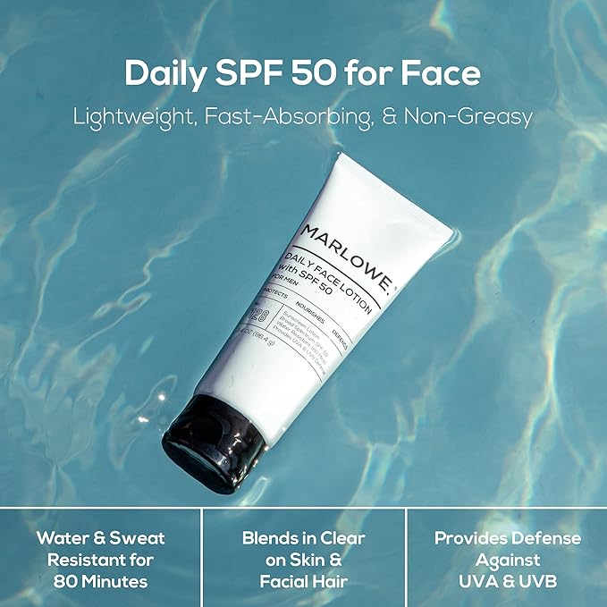 MARLOWE. No. 128 Men's Facial Lotion with Sunscreen SPF 50, 3.4 oz (2 Pack), Oil-Free, Lightweight Daily Face Moisturizer for Men, Includes Natural Extracts to Hydrate, Nourish & Soothe