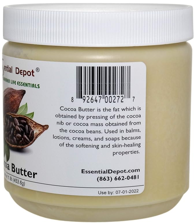 Cocoa Butter - Kosher - Raw - Unrefined - Natural Cocoa Scent - 1 lb - Used in Creams, Lotions, Balms, Body Butters and many other skin care products - safety sealed HDPE container with resealable cap