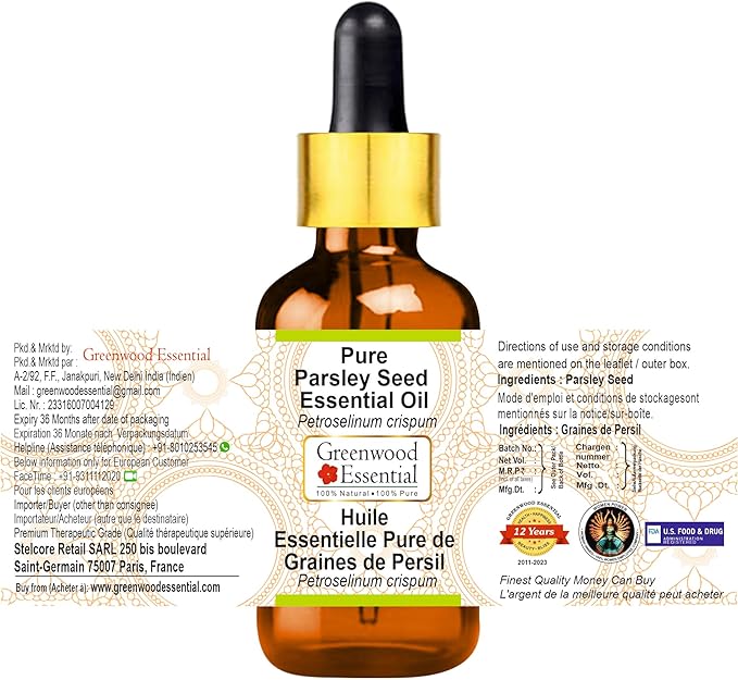 Greenwood Essential Pure Parsley Seed Essential Oil (Petroselinum crispum) with Glass Dropper Steam Distilled (Pack of Three) 100ml X 3 (10.1oz)