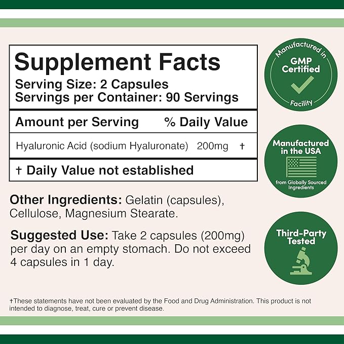 Double Wood Supplements Hyaluronic Acid, 180 Capsules (100 mg per Capsule)