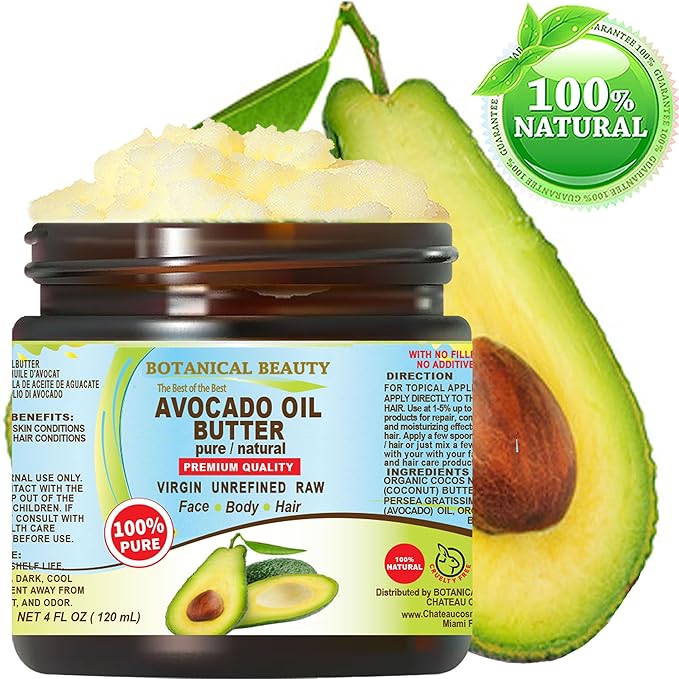Botanical Beauty AVOCADO OIL BUTTER 100% Pure Natural VIRGIN UNREFINED Cold-Pressed for Face, Skin, Body, Hair, Lip, Nails. Rich in Vitamin E, Omega 3, Omega 6 (4 Fl Oz)