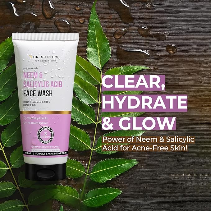 Dr. Sheth’s Neem & Salicylic Acid Face Wash | Deeply Cleanses & Unclogs Pores | Controls Acne, Blackheads & Oil | Unisex BHA Cleanser | 3.38 Fl Oz/100 ml