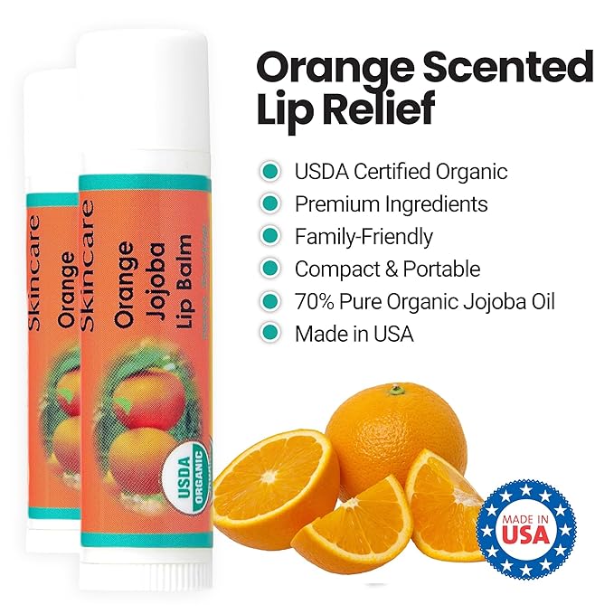 | USDA Organic Orange Lip Balm – 70% Jojoba Oil with Beeswax – Natural Orange Essential Oil – Nourishes & Softens Dry Lips – 2-Pack (0.15 oz / 4.6 g Each)