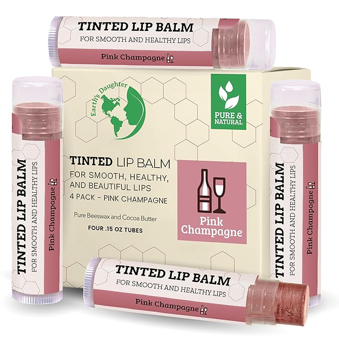 Earth's Daughter Tinted Lip Balm 4-Pack of Pink Champagne Color - Beeswax, Coconut Oil, Cocoa Butter, Vitamin - Moisturize and Beautify - Paraben Free