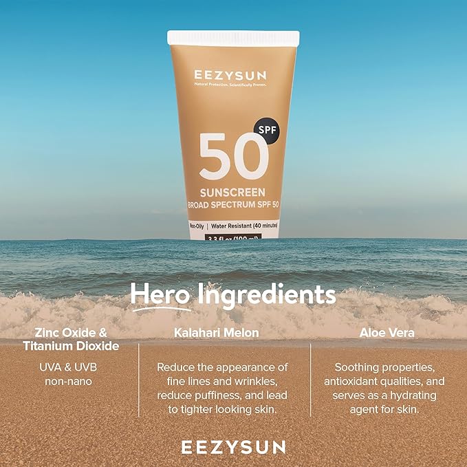 EEZYSUN Mineral Sunscreen SPF 50 - Non-Greasy, Weightless, Sweat-Resistant, Vegan & Reef-Safe Mineral Based Sunscreen for Face and Body with Aloe Vera, UVA/UVB Protection - All Skin Types - 3.3 fl oz