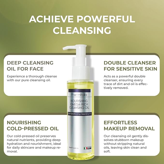 Pharmlitalia Cleansing Oil For Face, Makeup Remover Oil for Dry Skin, Double Cleanser for Sensitive Skin, Cold Pressed Omega Rich Facial Cleanser for Impurities with Castor and Chia Seed