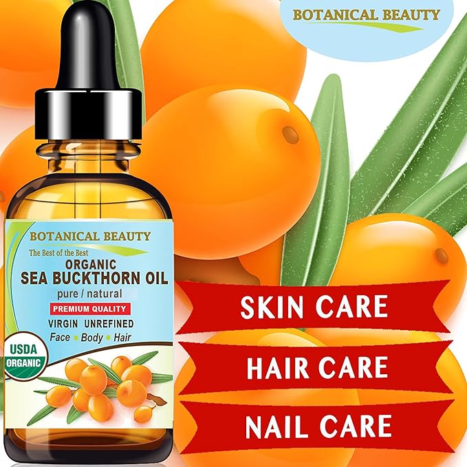Botanical Beauty Certified Organic SEA BUCKTHORN OIL 100% Pure Natural Virgin Unrefined Cold-Pressed Carrier Oil for Face, Skin, Damaged Hair, Nails, Anti-Aging 0.33 Fl Oz - 10 ml