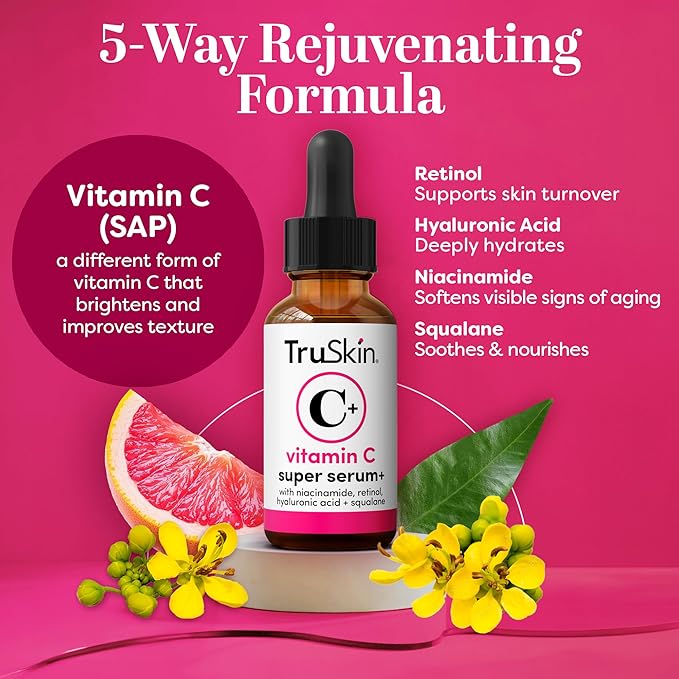 TruSkin Vitamin C Super Serum for Face - Five Skin Benefits in One Serum with Vitamin C, Retinol, Niacinamide, Hyaluronic Acid & Squalane - Brighten, Firm & Smooth the Look of Skin, 2 Fl Oz
