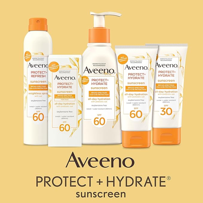 Aveeno Protect + Hydrate Sunscreen Moisturizing Lotion with Prebiotic Oat, Broad Spectrum SPF60, Paraben, & Oil Free, Weightless, Water & Sweat Resistant (80-min) for Sensitive Skin, 12 Fl Oz