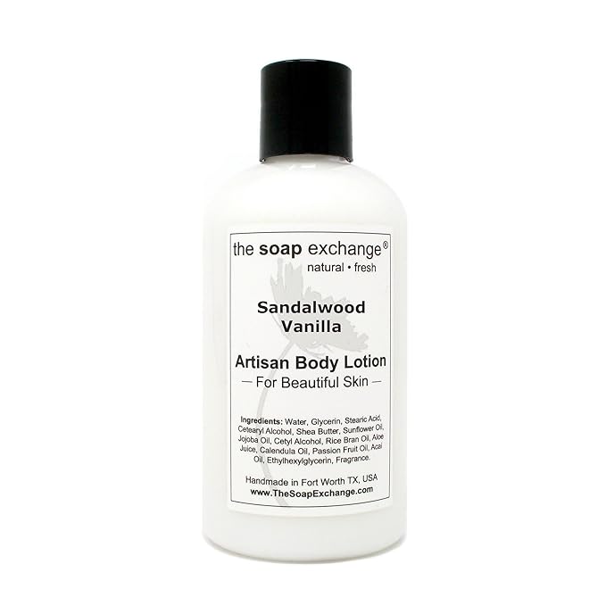 The Soap Exchange Body Lotion - Sandalwood Vanilla Scent - Hand Crafted 8 fl oz / 240 ml Natural Artisan Skin Care for Hand, Face, & Body, Moisturize, Hydrate, & Protect. Made in the USA.