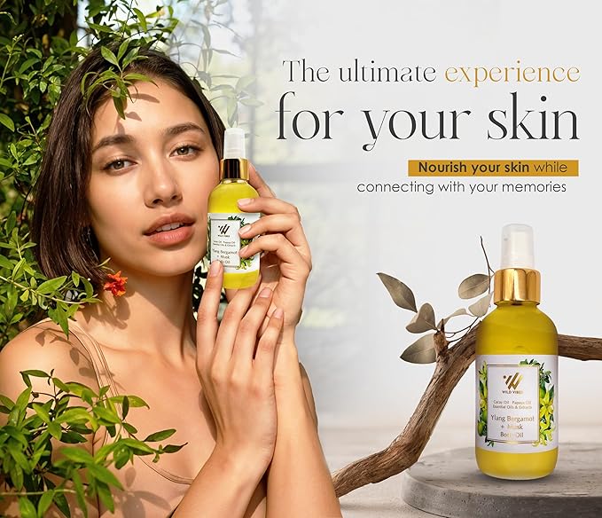 Wild Vibes Ylang Bergamot Body & Massage Oil - Hydrating Jojoba, Papaya Seed Oil, Vitamin E, Lupine Seed Extract for Collagen production – Nourishing Oil for all skin types 4oz