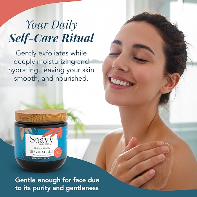 Saavy Naturals Body Scrub - Scented Sugar Vanilla Extract, Natural Body Scrub & Vegan Exfoliating with Vitamin E, Gentle for Sensitive Skin – Made in USA – Tahitian Vanilla (1 Pack) - 12 oz
