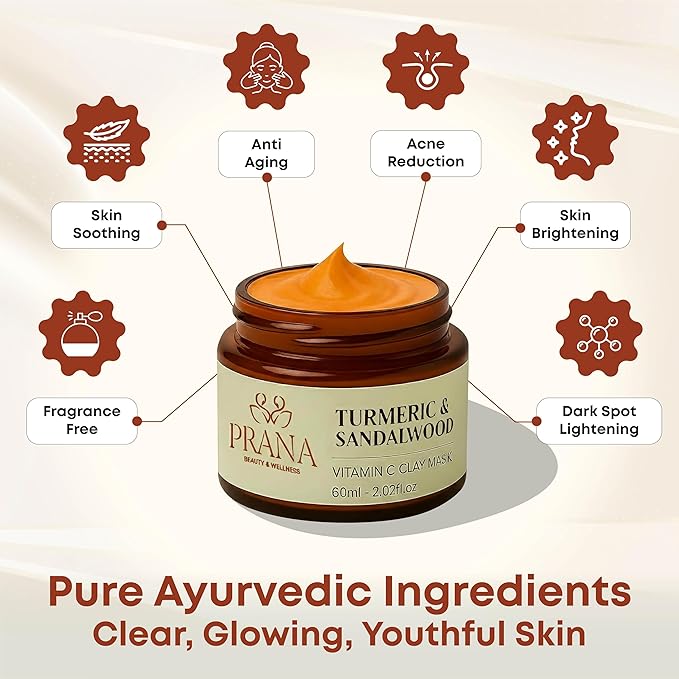 PRANA Sandalwood & Turmeric Face Mask - Natural Cleansing Facial Mask with Ayurvedic Ingredients - Bentonite & Kaolin Clay Mask - Brightening, Hydrating, Anti-Aging - Vegan & Cruelty-Free Mask (60ml)