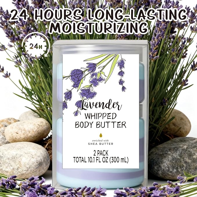 Lavender Whipped Body Butter, Shea Body Butter for Wome Dry Skin, Natural Lavendera Lotion for Body Moisturizer-Deep Moisturizing and Softening-3.4 floz+6.8 floz(100ml+200ml)