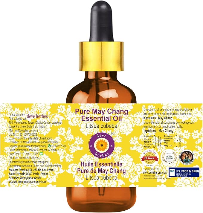 Deve Herbes Pure May Chang Essential Oil (Litsea cubeba) with Glass Dropper Steam Distilled 10ml (0.33 oz)