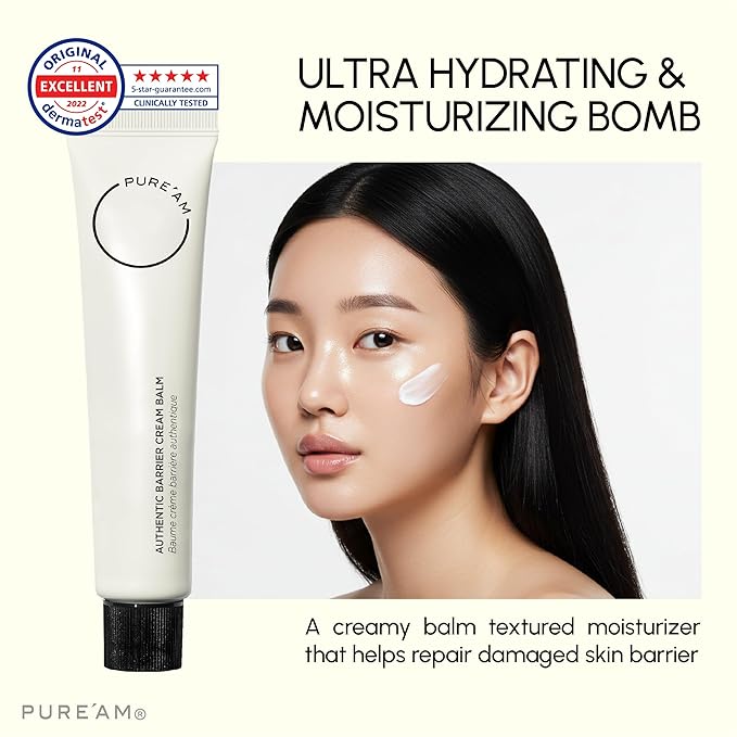 PURE'AM Korean Barrier Repair Organic Moisturizer, Ceramide Cream For Dry & Sensitive Skin, Hydrating Face Balm, Moisturizer For Acne Prone Skin, 75ml (2.5 Fl Oz)