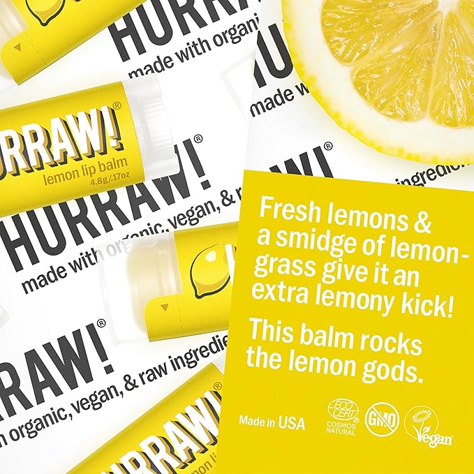 Hurraw! Lemon Lip Balm: Organic, Certified Vegan, Cruelty and Gluten Free. Non-GMO, 100% Natural Ingredients. Bee, Shea, Soy and Palm Free. Made in USA