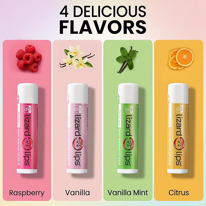 LizardLips Lip Balm SPF 15; Variety Pack of 4 Vanilla, Vanilla Mint, Raspberry, Citrus, Natural Hydrating Moisturizing Lip Sunscreen, Fun Quirky Beach Vacation Essentials