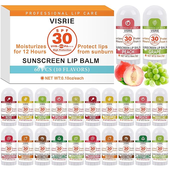 VISRIE SPF 30 Sunscreen Lip Balm, SPF Lip Balm Bulk 60 Count, Broad Spectrum UVA/UVB Lip Sunscreen Moisturize with Vitamin E and Coconut Oil- 10 Flavors