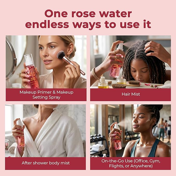 Rose Water Spray for Face & Hair - Made with Rose Hydrosol & Glycerin, Hydrating & Refreshing Facial Mist to Set Makeup, Support Double Cleansing & Help Balance Skin’s pH (3.38 fl oz)